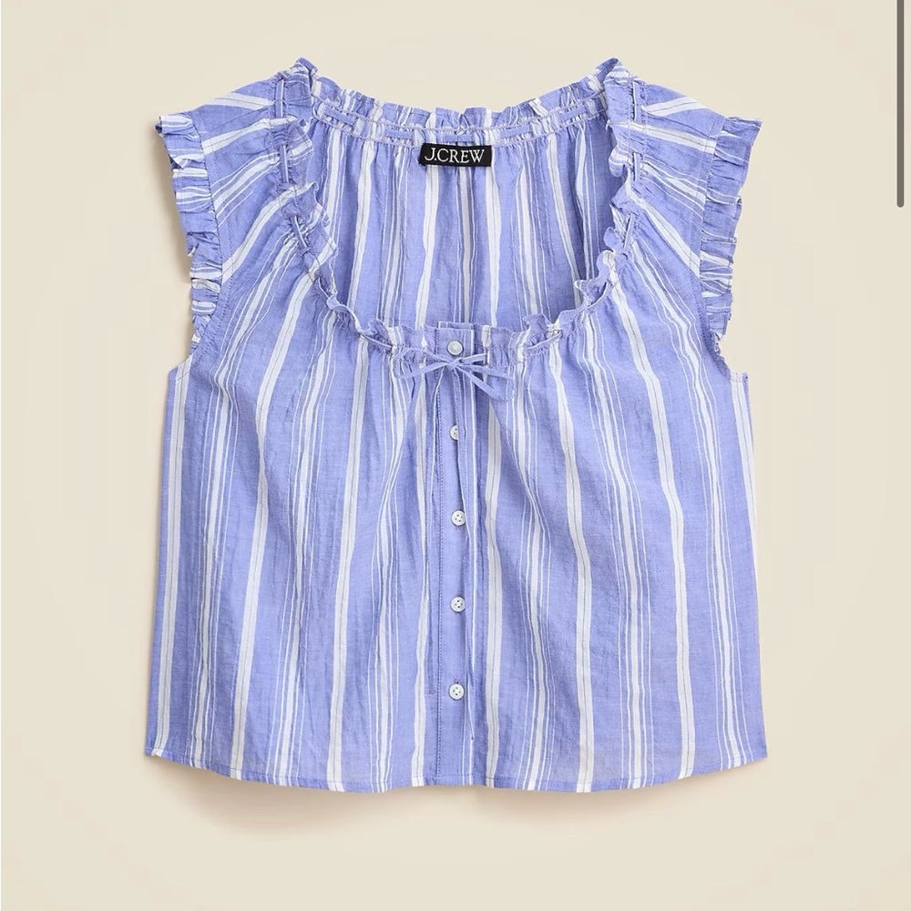 J. Crew Ruffle Trim Button Up Top. XS. Blue/White Stripes.